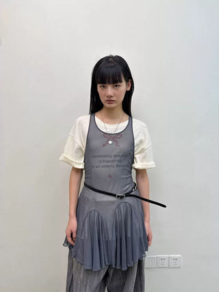 [NeverSeez] Mesh Layered Pleated Vest Dress