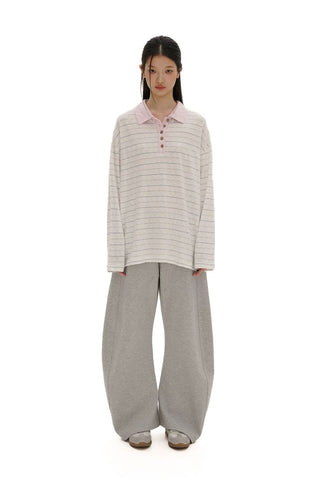 [Moromoro2] Striped Polo Long Sleeve Tee with Star  Buttons