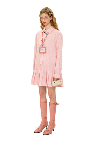 [Moromoro2] Crinkle Tie-Neck Pleated Shirt  Dress
