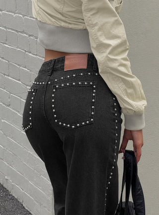 Saving Up Mid Rise Straight Leg Studded Jeans Jet Black