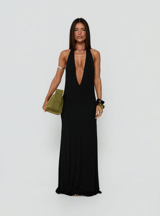 Think About Me Plunge Neck Racerback Maxi Dress Black
