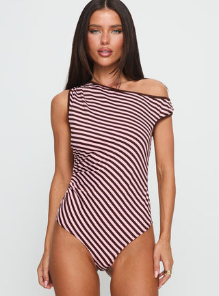 Ayviana One Shoulder Bodysuit Pink  Brown Stripe