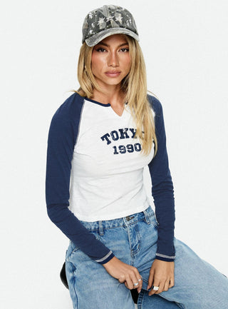 Tokyo 1990 Long Sleeve Raglan Graphic Top White  Blue
