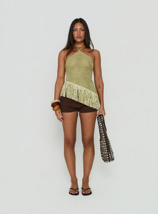 Masina Arrowneck Fringe Detail Top Green