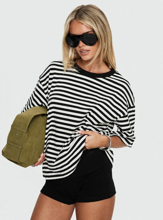 Settle Down Short Sleeve Top Black  White Stripe