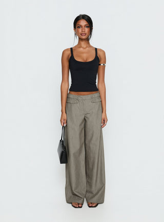 Jette Tailored Buckle Pant Taupe Pinstripe
