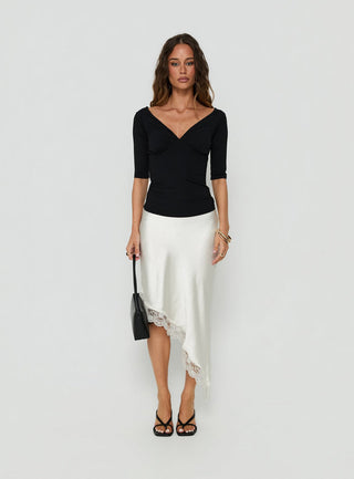 Koletta Asymmetrical Lace Trim Satin Midi Skirt Ivory
