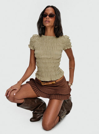 Romelle Shirred Top Green  Brown Plaid