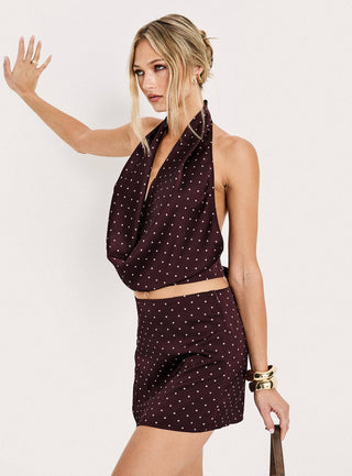Keiana Mini Skirt Burgundy  Pink Polka