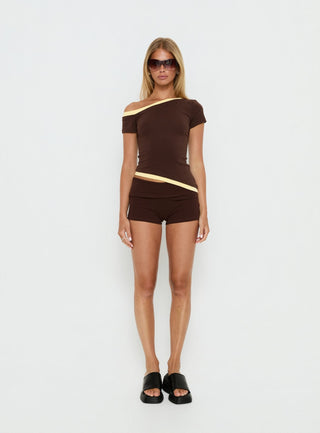 Eustace Off Shoulder Asymmetrical Top Brown  Yellow