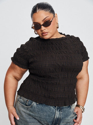 Romelle Shirred Top Black  Brown Plaid