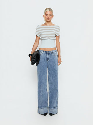Vianne Cinched Waist Short Sleeve Knit Top Blue  Grey Stripe