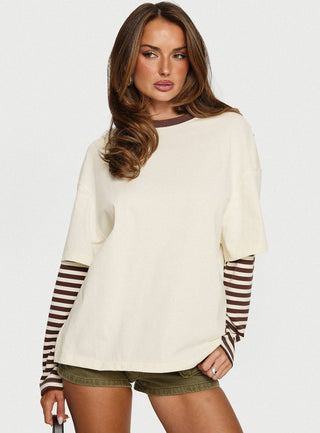 Ryann Long Sleeve Layered Top Cream  Brown Stripe