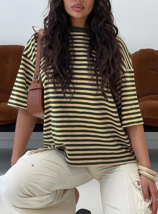 Settle Down Short Sleeve Top Green  Cream Stripe