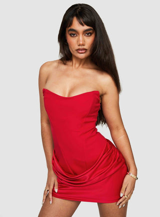 Delmina Strapless Drop Waist Satin Mini Dress Red