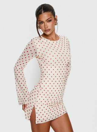 Nyxia Long Sleeve Mini Dress Cream  Red Polka