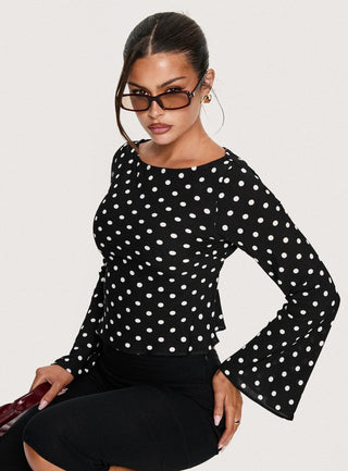 Lady Lady Long Sleeve Backless Top Black  White Polka