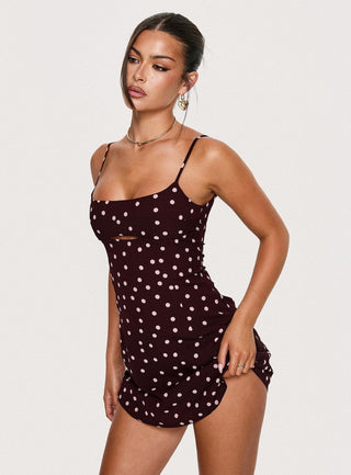 Powell Mini Dress Burgundy  Pink Polka Dot