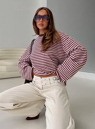 Settle Down Long Sleeve Top Pink  Brown Stripe