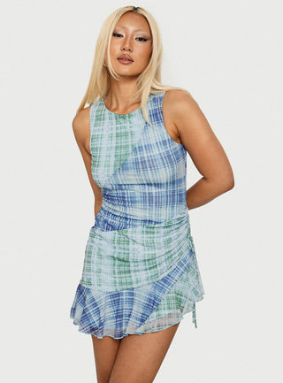 Timelapse Asymmetrical Splice Mini Dress Blue  Green Plaid
