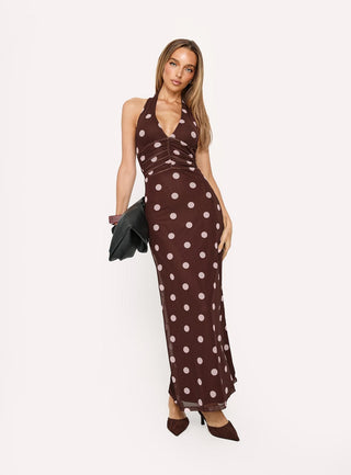 Saviana Halter Ruched Maxi Dress Chocolate  Pink Polka Dot