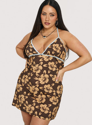 Mishie Halter Mini Dress Brown  Blue Floral Curve