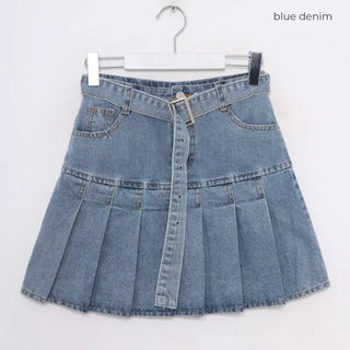 Belted denim pleated skirt