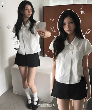 Half-fit double collar short-sleeved blouse - 2 colors