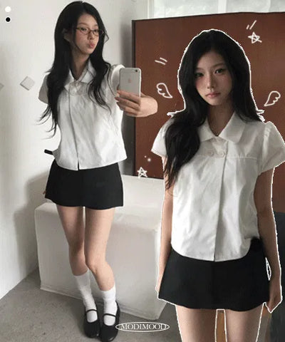 Half-fit double collar short-sleeved blouse - 2 colors