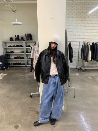 [NEVERSEEZ] Stand Collar Oversized PU Jacket