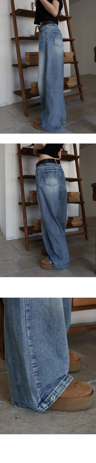 Folder Hem Snap Two-Way Faded Denim Pants - 4 Colors
