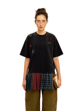[Moromoro2] Star Patchwork Pleated Check  T-Shirt