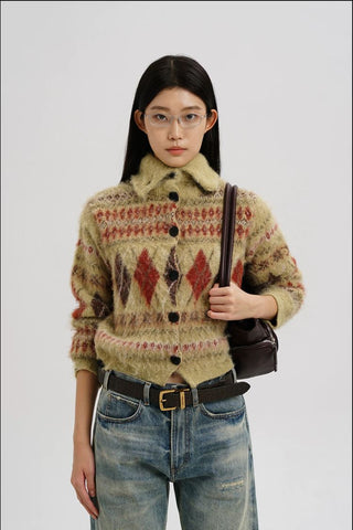 [MASONPRINCE] Wool Blend Fair Isle Fitted Cardigan