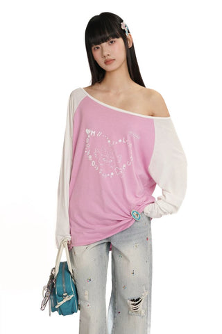 [Moromoro2] Y2K Bunny Print Wide Neckline Raglan  Tee