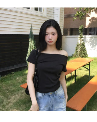 Bio Faded MOMU BASIC shirring short-sleeved off-the-shoulder T-shirt - 3 colors