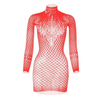 Long sleeve high neck net backless mini dress