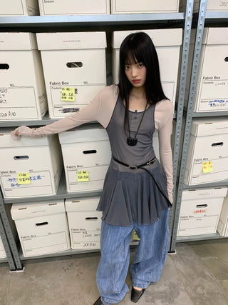 [NeverSeez] Mesh Layered Pleated Vest Dress