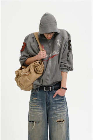 [MASONPRINCE] Distressed Boxy Hooded Knit Cardigan