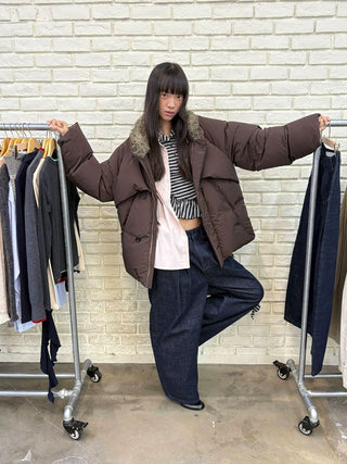 [NEVERSEEZ] Spliced Detachable Fur Collar Down Jacket