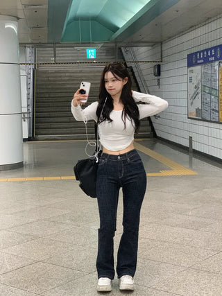 Raw denim bootcut pants