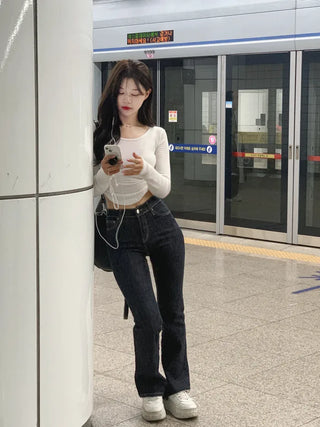 Raw denim bootcut pants