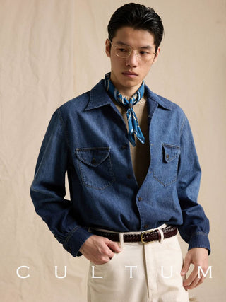 [CULTUM] Washed Gradient Cuban Collar Denim Shirt