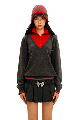 [Moromoro2] Contrast Striped Layered Knit  Sweater