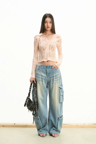[NOTAWEAR] Asymmetric Off-shoulder Hollow  Cardigan