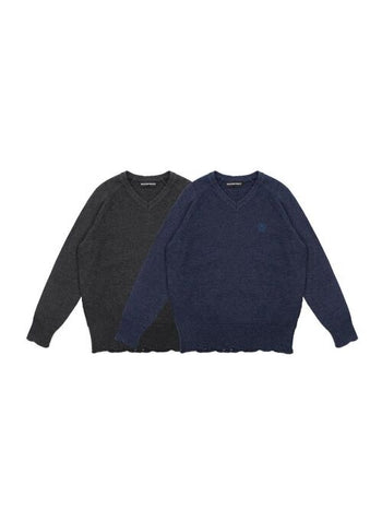 [MASONPRINCE] Wool Blend V-Neck Distressed Sweater