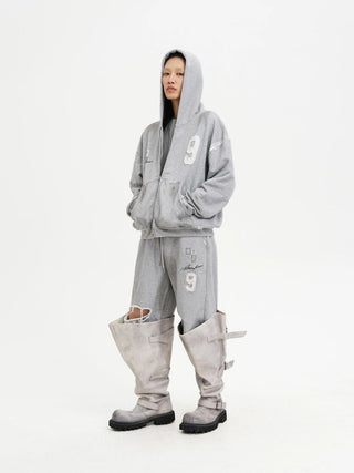 [MASONPRINCE] Boxy Fit Distressed Patch Zip-Up Hoodie