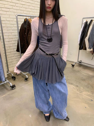 [NeverSeez] Mesh Layered Pleated Vest Dress