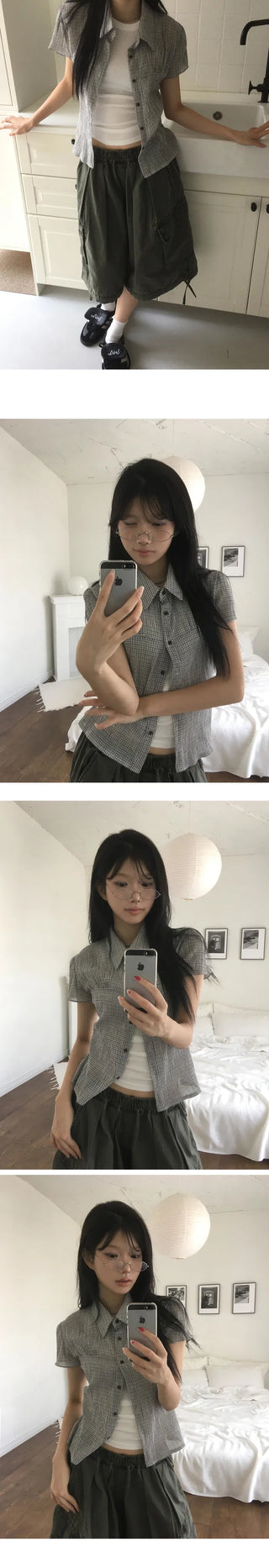 New York Shirring Short Sleeve Check Blouse BL - 2 Colors