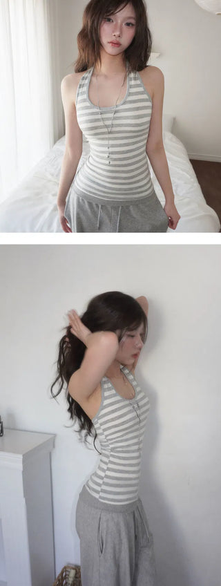 Collared/Neck Cover Striped Halter Sleeveless - 3 colors
