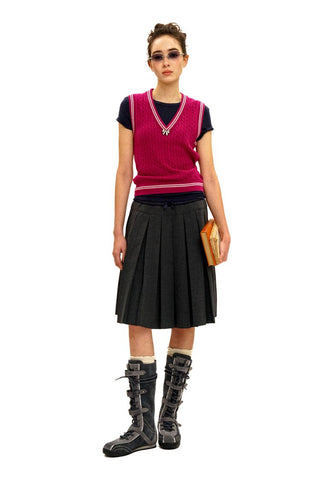 [Moromoro2] Cable Knit Bow Detail V-Neck  Vest